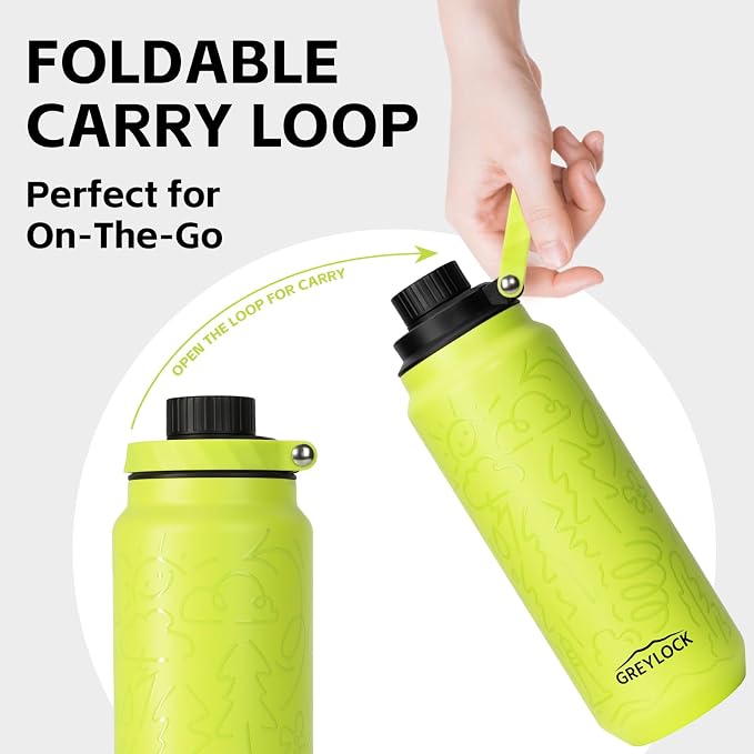 GREYLOCK 40 oz Insulated Water Bottle with Straw Lid, Leakproof Reusable Stainless Steel Vacuum Flask, 24hr Cold & Hot, Carry Handle & Silicone Spout, BPA-Free for Gym, Hiking, Travel,Blue
