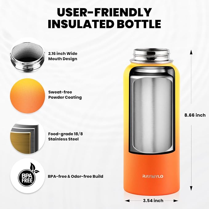 RAYMYLO Insulated Water Bottle 32 oz, Triple Wall Vacuum Stainless Steel | (Cold for 24Hrs, Hot for 12Hrs), Leak Proof & Non-BPA, Modern Water Flask Jug with Paracord Handle & Straw Spout Lids