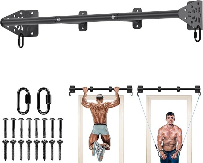 Kipika Wall Mounted Pull Up Bar - Heavy Duty 500 LB Capacity Doorway Chin Up Bar for Home Gym, Sturdy Steel Construction with Resistance Band Hooks | Hanging Exercise Bar for Full Body Workout