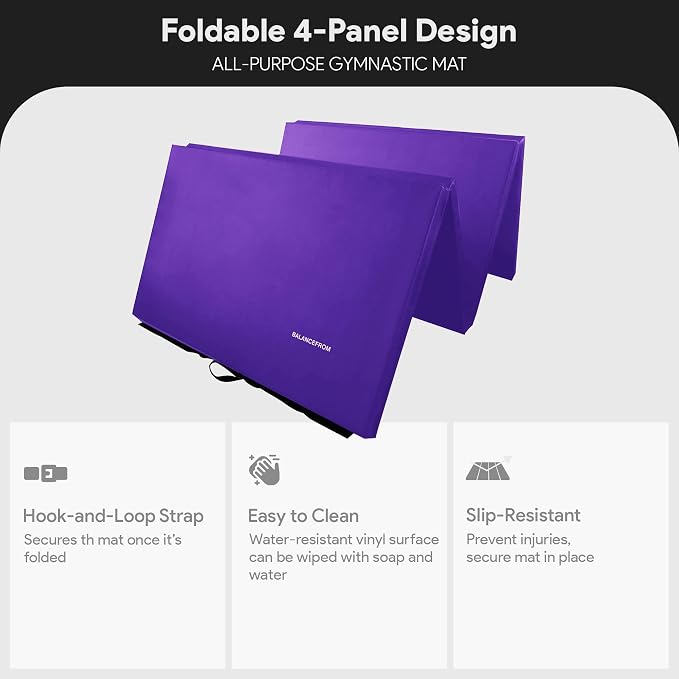 BalanceFrom 10x4 Feet 4-Panel Folding Gymnastics Mat – 2-Inch Thick Pad with Vinyl Surface and Carrying Handles for Tumbling, Yoga, Pilates, Home Workouts, and Martial Arts