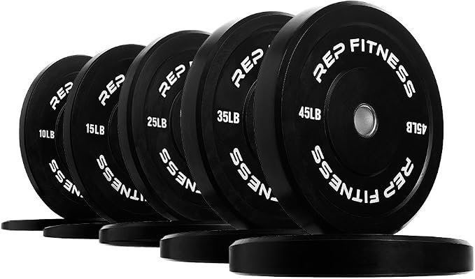 REP Fitness Rubber Bumper Plates, 5Lb to 370 lb Set Pairs, Olympic Standard Weights, Shock Absorbing Low Bounce Design, For Home Gyms, Fitness Centers, Strength Workouts, Barbell Use