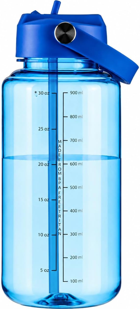 OLDLEY 32oz Water Bottle with Straw,Leakproof Tritan Clear Bottle with Marked Bottle and Carry Handle, BPA-Free Wide Mouth Reusable Sports Water Bottle for Gym,Hiking, Camping, Travel, Workout,Blue