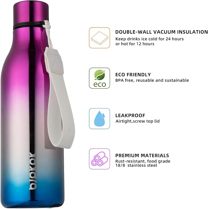 BJPKPK 18oz Insulated Water Bottle, Stainless Steel Bottle with Carry Strap | Keep Cold & Hot Vacuum Insulation, Leak-Proof BPA-Free Design, Slim Bottle Fits Most Cup Holders for Gym, Office & Travel