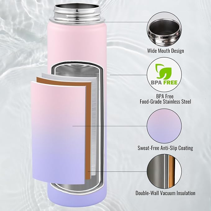 Fijinhom Insulated Water Bottle with Handle, 304 Stainless Steel Water Bottles with Wide Mouth, Double Wall Vacuum Sports Water Bottle, BPA Free, Keep Cold and Hot, 24 Ounces, Pink/Purple