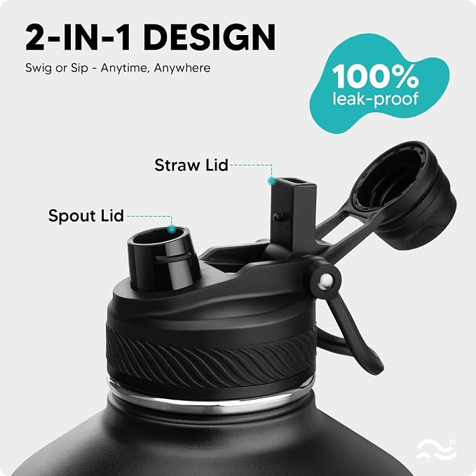 Swigina [2-IN-1 LID] Gallon Insulated Water Bottle with Silicone Boot (48hrs Cold/24hrs Hot) - DIY Stickers, Leakproof, BPA Free, 128 oz