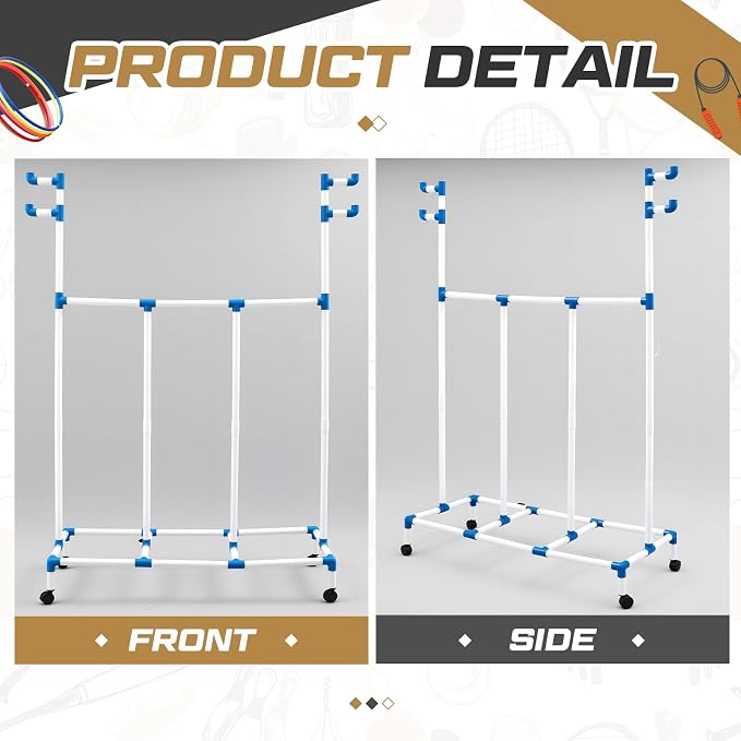 Hoop Rope Cart Plastic Hoop Jump Rope Rack Cart with Wheels PE Equipment Rack for Elementary School Primary School Movable Garage Rolling Ball Holder Gym Sports Gear, 48 x 74 x 21.65 Inch