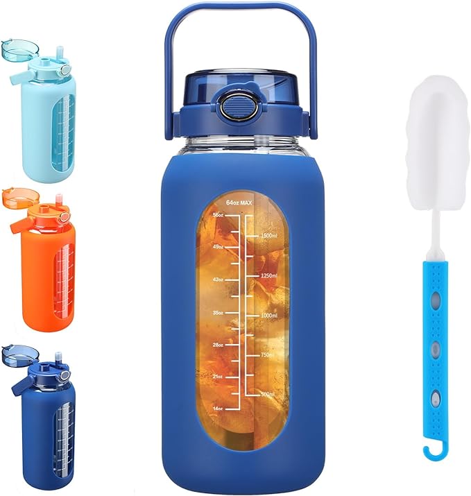64 oz Glass Water Bottle with 2-in-1 Straw Lid Large Half Gallon Water Bottle with Time Marker & Removable Silicone Sleeve,Wide Mouth BPA-Free Borosilicate Bottle for Gym, Workout & Daily Use