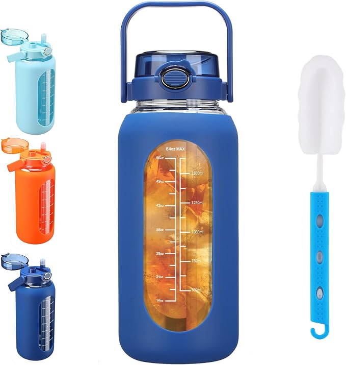 42 oz Glass Water Bottle with 2-in-1 Straw Lid Large Half Gallon Water Bottle with Time Marker & Removable Silicone Sleeve,Wide Mouth BPA-Free Borosilicate Bottle for Gym, Workout & Daily Use