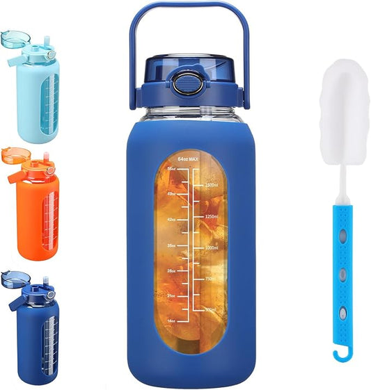 42 oz Glass Water Bottle with 2-in-1 Straw Lid Large Half Gallon Water Bottle with Time Marker & Removable Silicone Sleeve,Wide Mouth BPA-Free Borosilicate Bottle for Gym, Workout & Daily Use