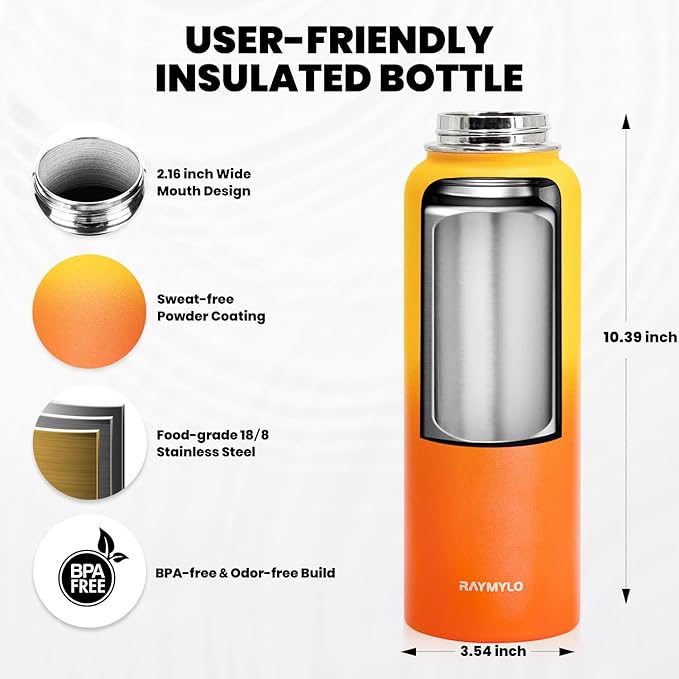 RAYMYLO Insulated Water Bottle 40 oz, Triple Wall Vacuum Stainless Steel | (Cold for 36Hrs, Hot for 18Hrs), Leak Proof & Non-BPA, Modern Water Flask Jug with Paracord Handle & Straw Spout Lids