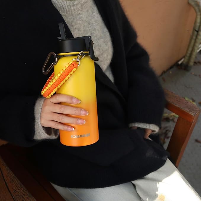 KXIAOCHEN Insulated Water Bottle with Strap, 48-Hour Cold, 2 Lids | Triple-wall insulation, lead-free 18/8 Stainless steel, paracord handle, carabiner clip, for gym, hiking, camping and travel
