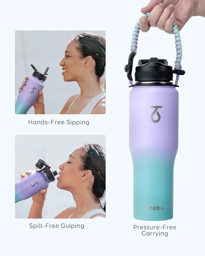 Trebo 32 oz Water Bottle Insulated Fits in Any Car Cup Holder with 2 Lids | Stainless Steel T-shape Tumbler with Paracord Handle, Triple Wall Vacuum Copper Plated, Cold 48 Hrs for Travel, Leakproof