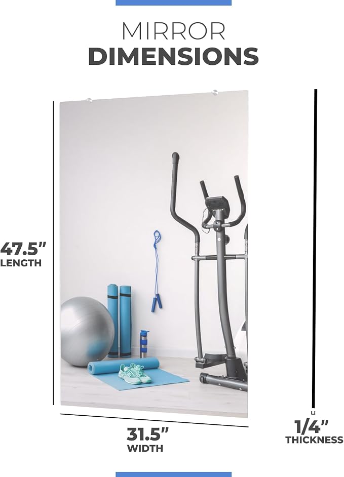 Large Wall Mounted Gym Mirror 48x32 (1 PC) - Shatterproof Tempered Glass Full Body Mirror for Home Gym - Premium HD Reflection - Frameless Design with Hardware
