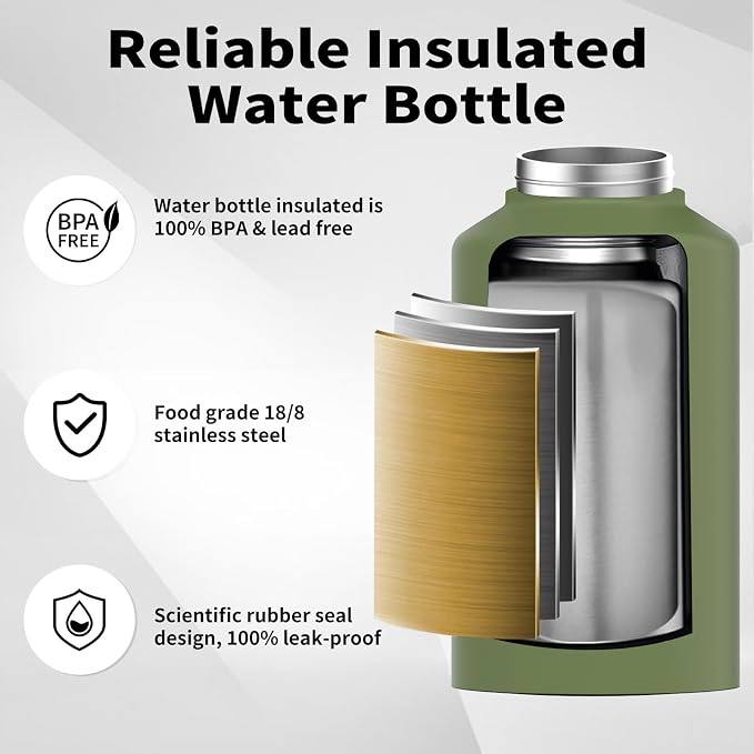 WATERSY 2/3 Gallon Water Bottle Insulated(Cold for 48 Hrs),BPA Free&Leak Proof,87oz Stainless Steel Water Jug/Flask,Big thermo,Large Water Bottle with Handle for Gym,Hiking,Camping,Olive Green