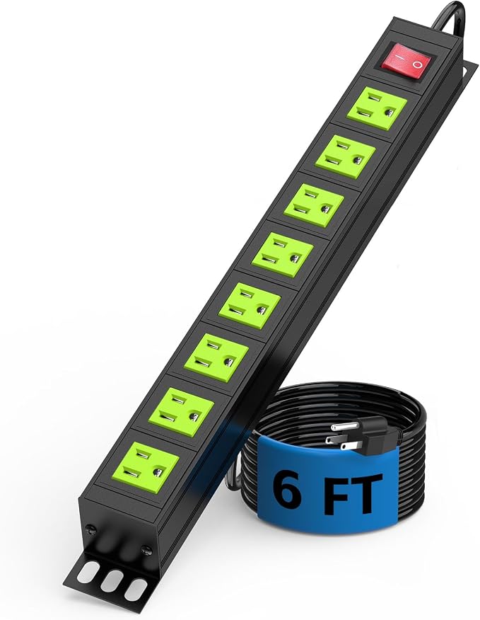 Metal 8 Outlet Mountable Power Strip, Wall Mount Outlet Power Strips Heavy Duty, Commercial Shop Power Strip with Switch, 15A 125V 1875W, 300J (Green 6FT)