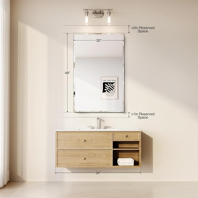 Frameless Bathroom Mirror 30"x48", Beveled Bathroom Mirror | 4mm Tempered Glass Shatterproof Wall Mount Mirrors for Bathroom Bedroom Entryway Vanity, Hangs Horizontally or Vertically