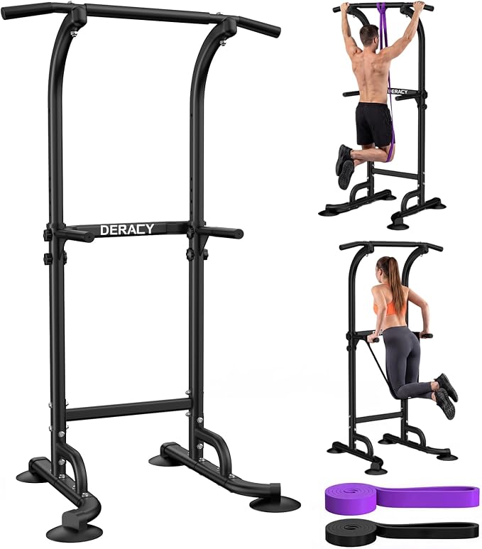 DERACY Pull Up Bar Free Standing, Power Tower with Pull Up Assistance Bands, Adjustable Height Pull Up Dip Station, Dip Bars for Home Gym Strength Training, Push Up Bar