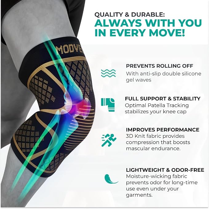 Modvel Knee Braces for Knee Pain Women & Men - 2 Pack Knee Brace for Knee Pain Set, Knee Brace Compression Sleeve, Knee Support for Knee Pain Meniscus Tear, ACL & Arthritis Pain Relief,Copper XL
