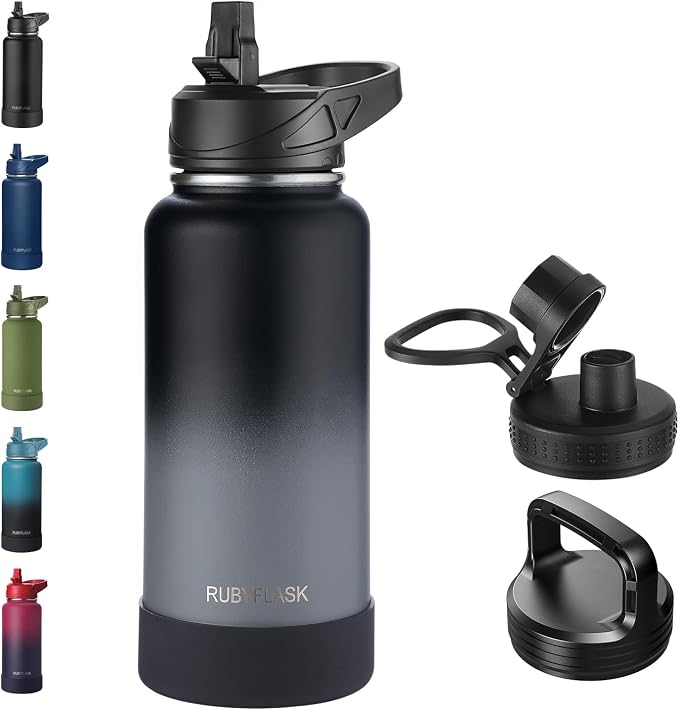 RUBYFLASK 32 oz Insulated Stainless Steel Water Bottle with Straw | 3 Lids, Wide Mouth, Metal Vacuum Leakproof Water Jug Flask and Handle, Large Thermal Cup with Silicone Boot, Blackgrey