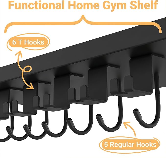 Floating Shelf Organizer Compatible with Tonal Accessories,16.9x6Home Gym Weight wall Storage Equipment Hanger, Metal Rack Holder Wall Mount with 5 T-Lock Brackets & Hooks Hanger (Black)
