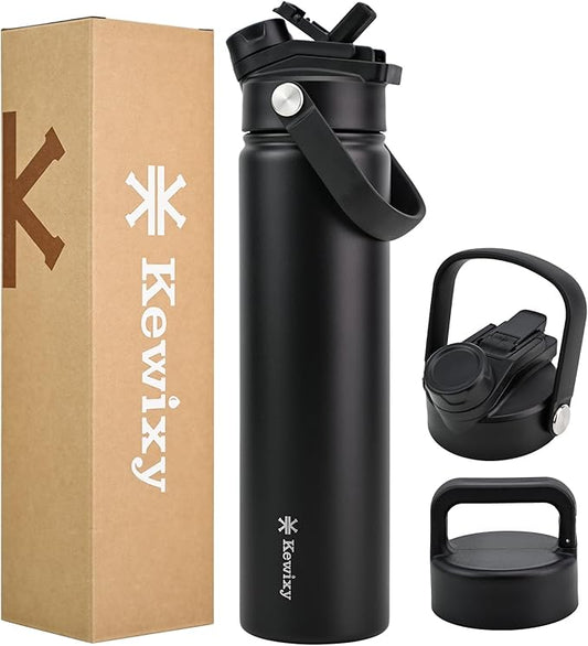 24 oz Insulated Water Bottle, 2-in-1 Lid, Straw & Spout with Protected, Leak Proof, Keep Cold 24H, Cup Holder Fit, Stainless Steel, Metal, Reusable, for Travel, Gym and School, 2 Lids, Midnight Black