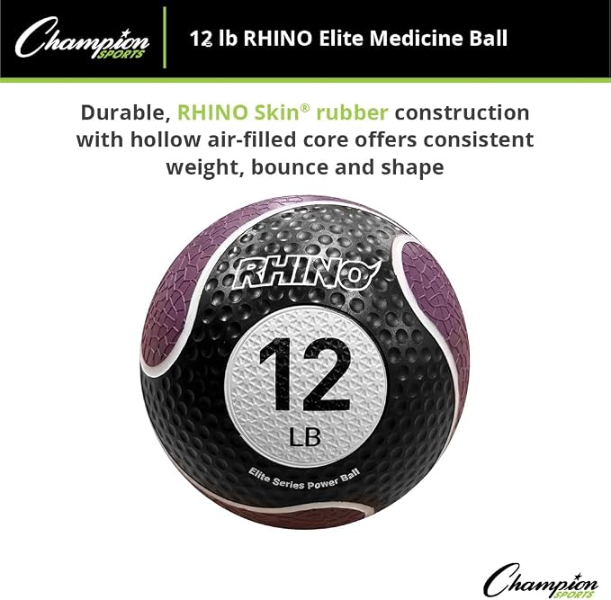 Champion Sports Rhino Elite Medicine Ball – Textured Surface, Superior Grip, Hollow Synthetic Rubber for Consistent Bounce & Durability, Multiple Weights & Colors - Optional Rebounder Sold Separately