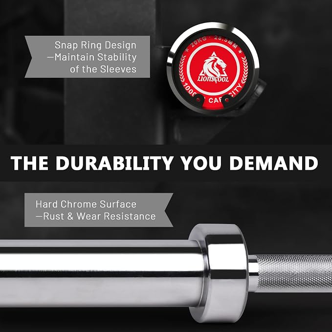 LIONSCOOL 7FT Olympic Barbell 2” Bar for Strength Training Weightlifting | 700/1000/1500lbs Weight Capacity, 2-Inch 40/45lbs Black, Silver, Red, Chrome Power Lifting, Squat, Deadlift, Presses, Row Bar