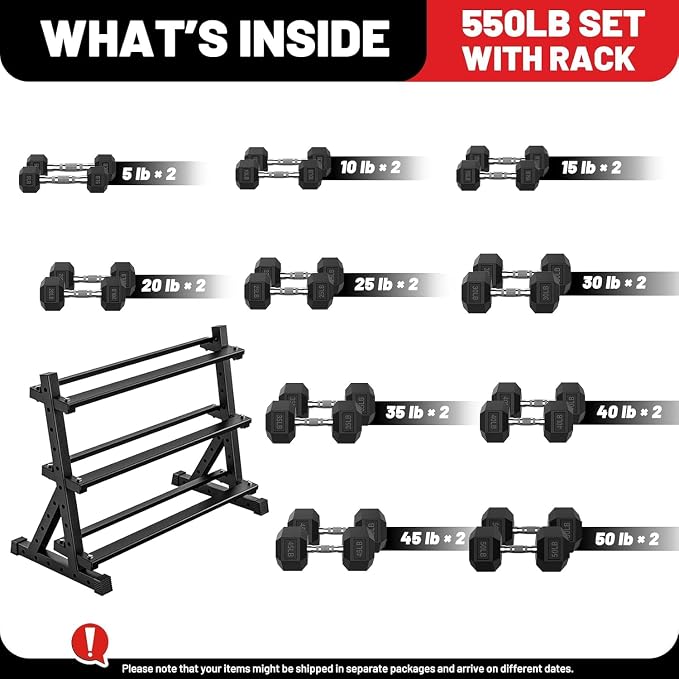 PAPABABE Dumbbell Set with Rack Dumbbells Rubber Encased Home Gym | PAPABABE Complete & Durable Cast Iron Core Odorless PVC Antiroll Hex Shape Ergonomic Chrome Handle Versatile Home Gym