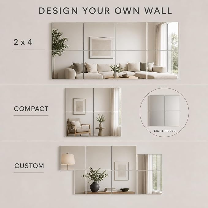 Home Gym Mirror Tiles for Wall,12" x 12" Frameless Glass Mirror Wall Mounted for Home Gym Mirror Yoga Bedroom Dancing Studio Dressing Room (8PCS)