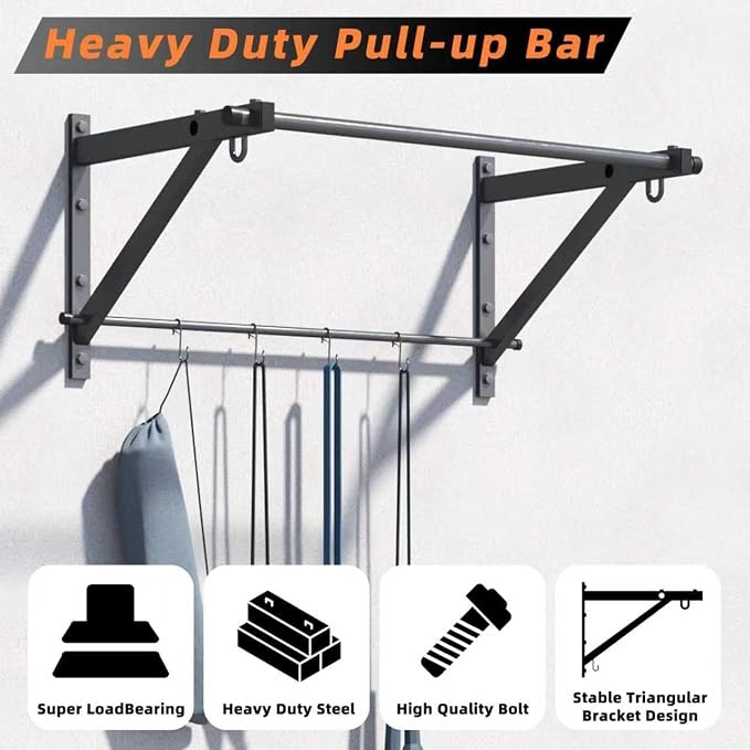 Wall Mounted Pull Up Bar with 500LBS Capacity for Gym Home | Adjustable Depth, 4 Hooks, Heavy Duty, Strength Training, Easy Install, Chin Up Bar for Doorway
