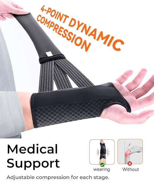 3-Splint Carpal Tunnel Wrist Brace Night Support, Left Hand Pain Relief | Adjustable Hand Brace for Tendonitis, Arthritis, Sprains & Strains, Wrist Support for Women & Men, Black, L