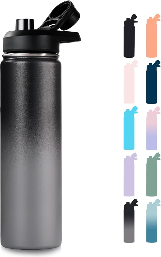 Fijinhom Insulated Water Bottle with Handle, 304 Stainless Steel Water Bottles with Wide Mouth, Double Wall Vacuum Sports Water Bottle, BPA Free, Keep Cold and Hot, 24 Ounces, Black/Gray