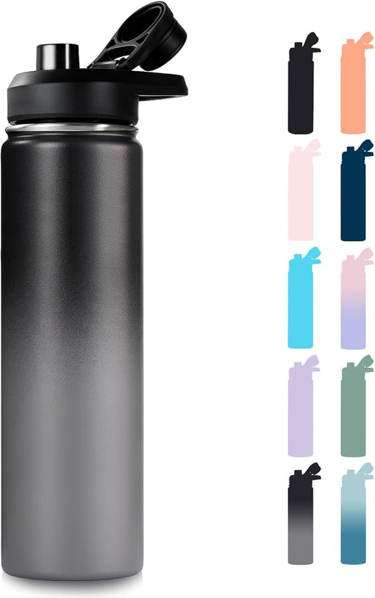 Fijinhom Insulated Water Bottle with Handle, 304 Stainless Steel Water Bottles with Wide Mouth, Double Wall Vacuum Sports Water Bottle, BPA Free, Keep Cold and Hot, 24 Ounces, Black/Gray