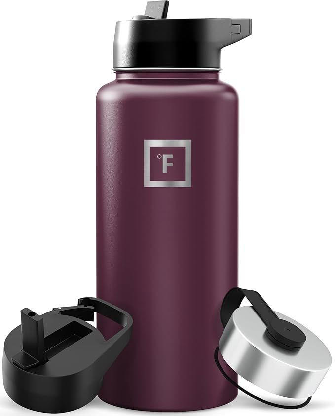 IRON °FLASK 32 oz Wide Mouth Water Bottle with 3 Lids | Insulated Stainless Steel Sports Water Bottle with 3 Leakproof Lids - BPA Free, Cold 24 Hrs, Sweat Free (Burgundy)