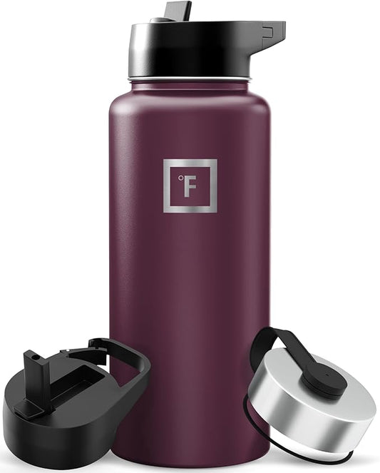 IRON °FLASK 32 oz Wide Mouth Water Bottle with 3 Lids | Insulated Stainless Steel Sports Water Bottle with 3 Leakproof Lids - BPA Free, Cold 24 Hrs, Sweat Free (Burgundy)