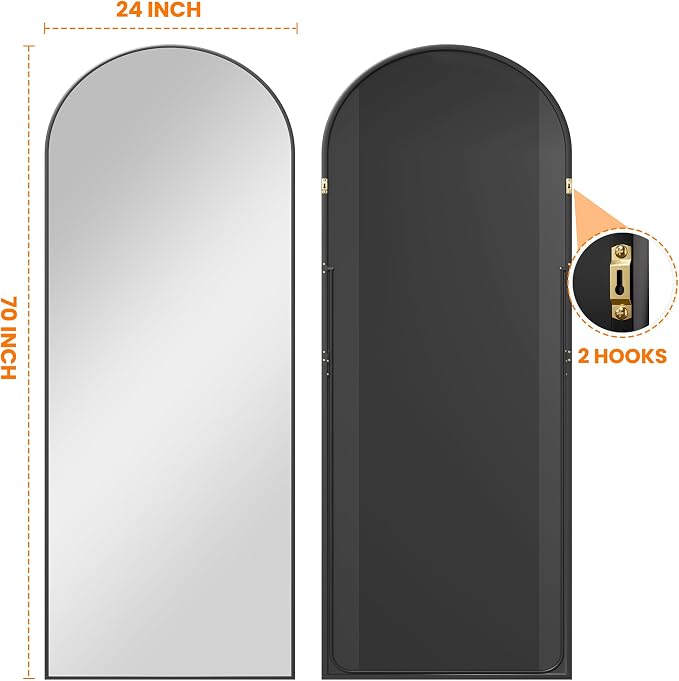 TRAHOME Full Length Arched Mirror, 70"x24" Standing Floor Full Body Mirror for Wall with Aluminum Alloy Frame for Bedroom, Living Room, Dressing Room(Black)