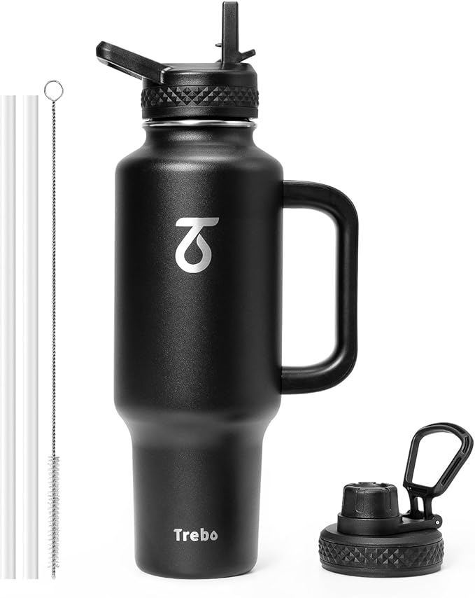 Trebo Insulated Water Bottle 40 oz Fits in Car Cup Holder with Side Handle | Stainless Steel Metal Tumbler with Straw Spout Lids, Triple-Wall Vacuum Copper Plated, Cold 48 Hrs Hot 24 Hrs for Travel, Gym