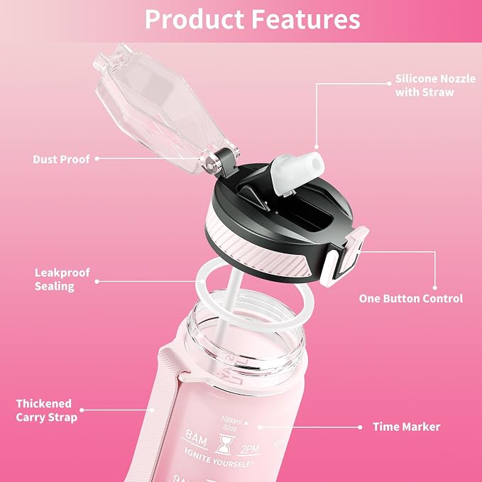 QLUR Water Bottle with Straw, 32oz Motivational Water Bottles with Time Marker to Drink, Tritan BPA Free, 1L Sports Water Bottle with Carry Strap LeakProof for Women Gym Fitness Outdoor (1 Pack)