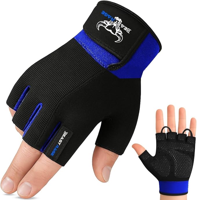 BEAST RAGE Workout Gloves for Men, Durable Palm Grip Gym Gloves Women Half Finger Elasticated Training Weight Lifting Strength Bodybuilding Anti Slip Cycling Gloves Exercise