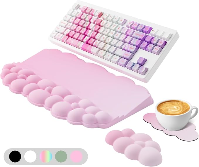 Wrist Rest with Keyboard Stand, Ergonomic Computer Wrist Support Pad | Cloud Keyboard Riser Holder with Wrist Pad, Memory Foam Desk Cushion, Palm Hand Typing for Office Home School-Pink