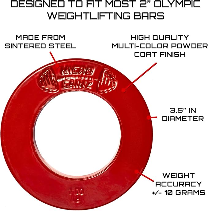 Micro Gainz Calibrated Fractional Weight Plate Set of 2 Plates, Choose Set (.25LB-1.25LB), Designed for Olympic Barbells for Strength Training & Micro Loading Bar Weights, Made in USA