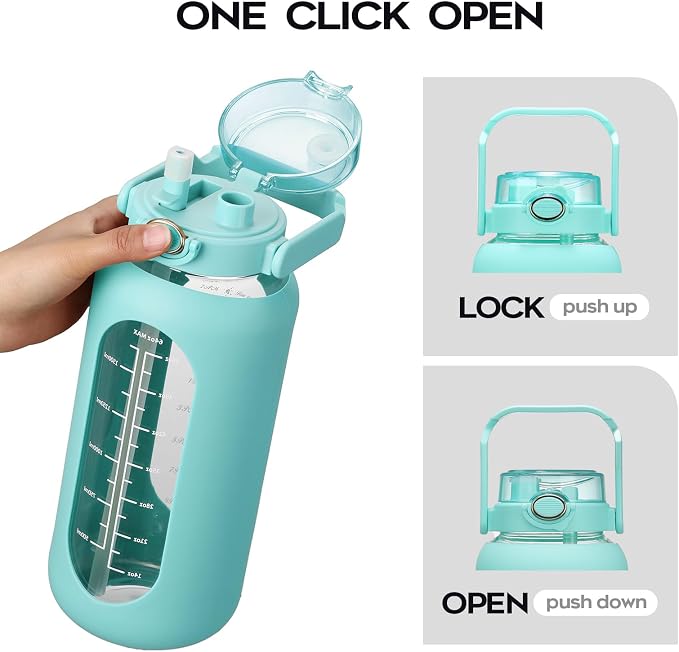 chunmo 74 oz Glass Water Bolttles with Straw Large Motivational Water Bottle with Time Marker Sports Water Bottles with Silicone Sleeve and Handle Lid 2.2L Water Jug for Gym Workout