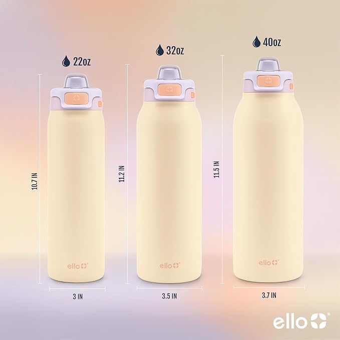 Ello Pop & Fill Insulated Stainless Steel Water Bottle with Quick Fill Lid, Leakproof Locking, Sip or Chug Spout, BPA-Free, Double Wall Vacuum Insulated for Sports, Travel & School- 22oz / 32oz / 40oz