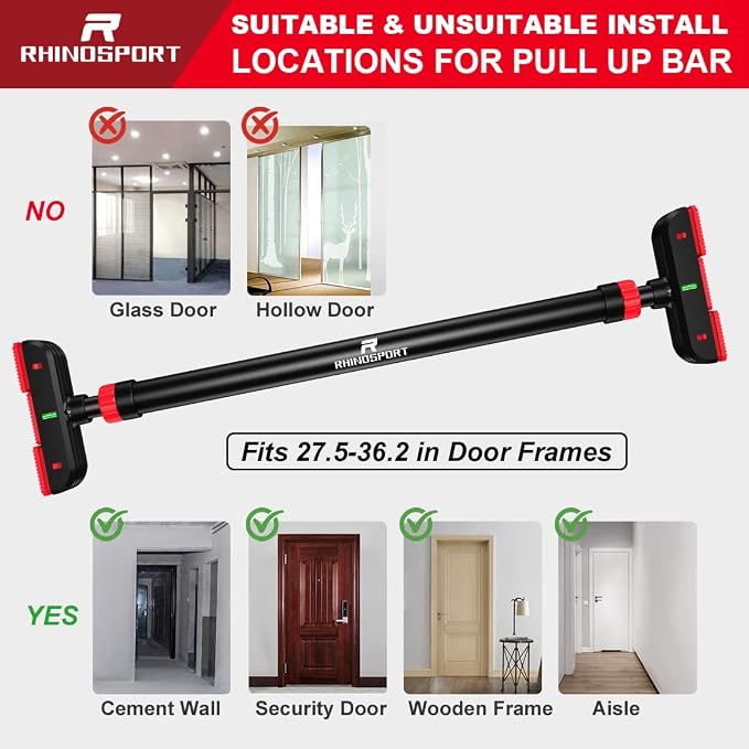RHINOSPORT Door Pull Up Bar Doorway Chin Up Bar from 69-92 cm (27.1in-36.2in) Workout Equipment for Home Gym Upper Body Workout Non-Slip