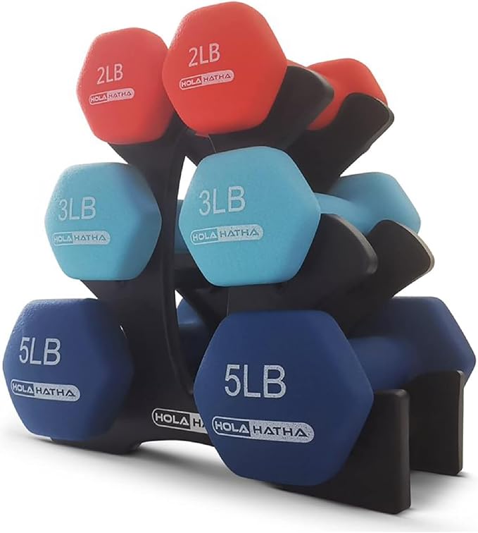 HolaHatha 1, 2 and 3 lb Neoprene Dumbbell Strength Training Weight Set with Rack
