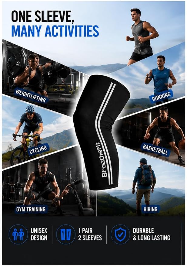 Bamboo Knee Sleeves 1Pair, Extra long, Non-Slip Silicone Grip, Premium Men & Women Knee Compression and Support