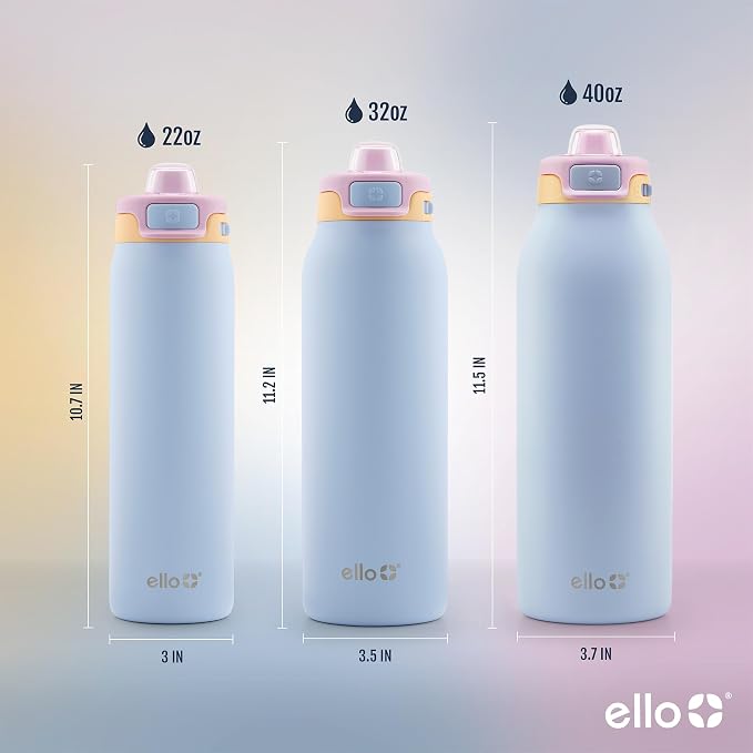 Ello Pop & Fill Insulated Stainless Steel Water Bottle with Quick Fill Lid, Leakproof Locking, Sip or Chug Spout, BPA-Free, Double Wall Vacuum Insulated for Sports, Travel & School- 22oz / 32oz / 40oz