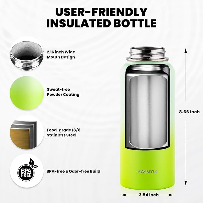 RAYMYLO Insulated Water Bottle 32 oz, Triple Wall Vacuum Stainless Steel | (Cold for 24Hrs, Hot for 12Hrs), Leak Proof & Non-BPA, Modern Water Flask Jug with Paracord Handle & Straw Spout Lids