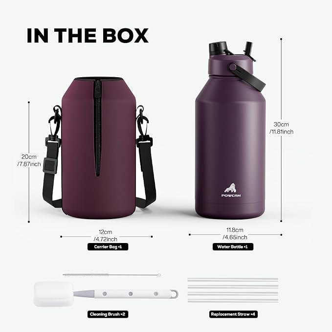 POWCAN 64 oz Insulated Water Bottle with 2-in-1 Straw & Spout Lid, Leakproof, Top Handle, Keep Cold 48H, BPA-Free, Brush, Metal Water Bottle with Carrier Bag for Work, Sports, Travel and Gym (Plum)