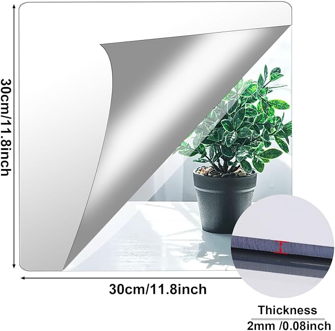 JUNEBRUSHS 4 Pack Self Adhesive Acrylic Mirror, 12X 12 Inch Mirror Tiles,Flexible Plastic Mirrors Sheets Wall Stickers,2MM Thick Mirrors,Frameless Small Mirror
